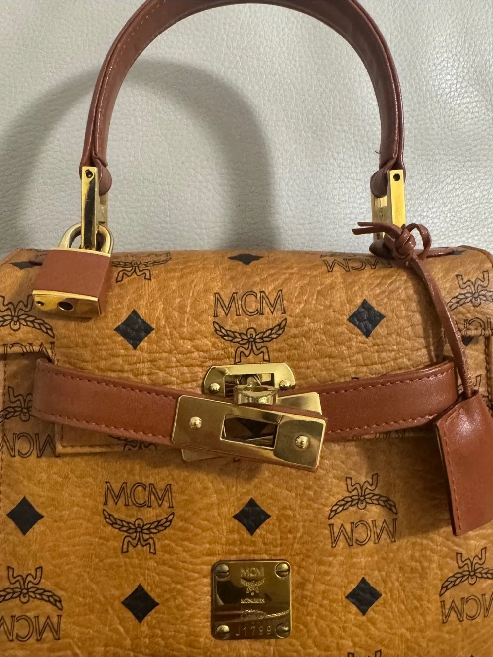 MCM Brown Kelly Cognac Visetos Top Handle Satchel with Gold Hardware